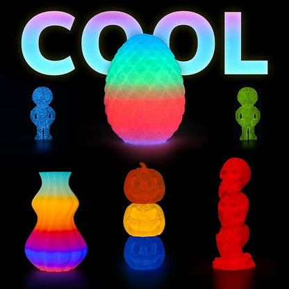 AMOLEN PLA Filament Glow in The Dark, Rainbow 5M Red, Blue, Green, Orange, Multicolor Fast Change 3D Printer Filament 1.75mm, Best with UV Lamps, 1KG Spool (2.2lbs), Dimensional Accuracy +/- 0.02 mm