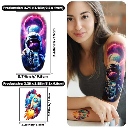 77 Sheets Temporary Tattoo, 17 Sheets Space Planet Astronaut Rockets Half Sleeve Fake Tattoos for Adults Men Women, 60 Sheets Small Tattoos Stickers Waterproof Lasting for Boys Girls Party Supplies