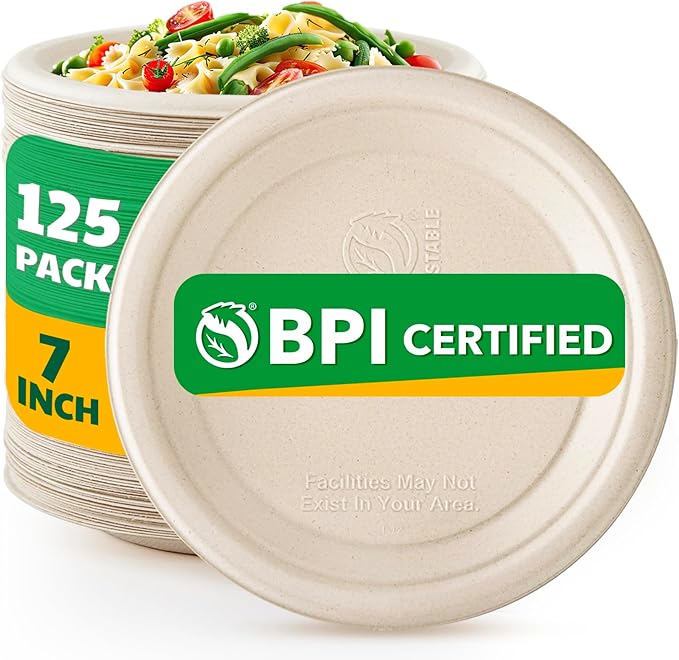 125 Count Compostable Paper Plates, 7 Inch, Heavy Duty Disposable Plates by Biodegradable Bagasse, Dessert Plates Bulk for Party | Microwave-Safe | Soak-Resistant, Cut Resistant