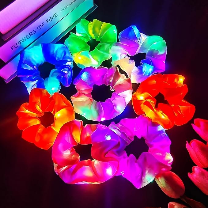 8 PCS Light up Scrunchies for Girls, Glow in the Dark Party Supplies, 3 Glow Mode Satin Scrunchy, LED Hair Accessories for Birthday Party, Rave Party, Festival & Sleepover Party