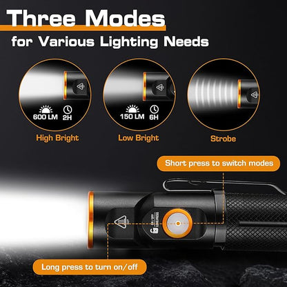 EverBrite 600 Lumens Pocket Flashlight, 90 Degree Tactical Pen Light with Magnet, Type-C Rechargeable with 3 Modes for Night Working, Outdoor, Camping, Emergency