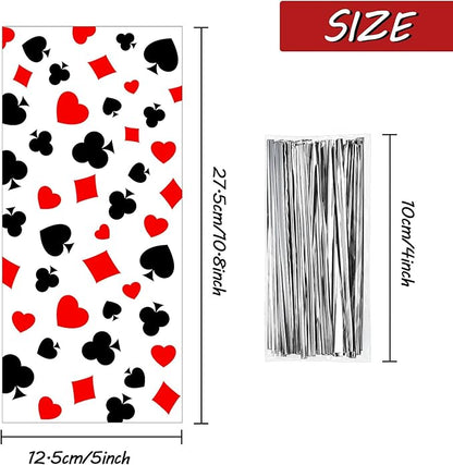 100 Pieces Casino Party Cellophane Treat Bags, Black Red Las Vegas Poker Plastic Candy Goodie Bags with 100 Silver Twist Ties for Casino Themed Poker Birthday Party Supplies