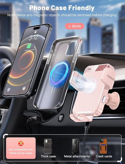 Wireless Car Charger, MOKPR Auto-Clamping Car Mount 15W/10W/7.5W Fast Charging Air Vent Car Phone Mount Compatible with iPhone 15/14/13/13 Pro/12 Pro Max/12 pro/12/11/10 Series, Samsung Galaxy Pink