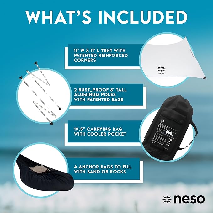 Neso Gigante - Portable Beach Tent - Ideal to Enjoy with Family and Friends - UPF 50+, Water-Resistant, and Lightweight - White, 11' x 11'