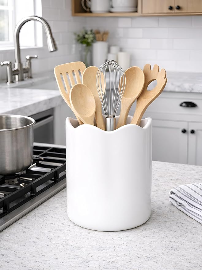 Ceramic Utensil Holder for Kitchen Counter, 7.1" Large Kitchen Utensil Holder