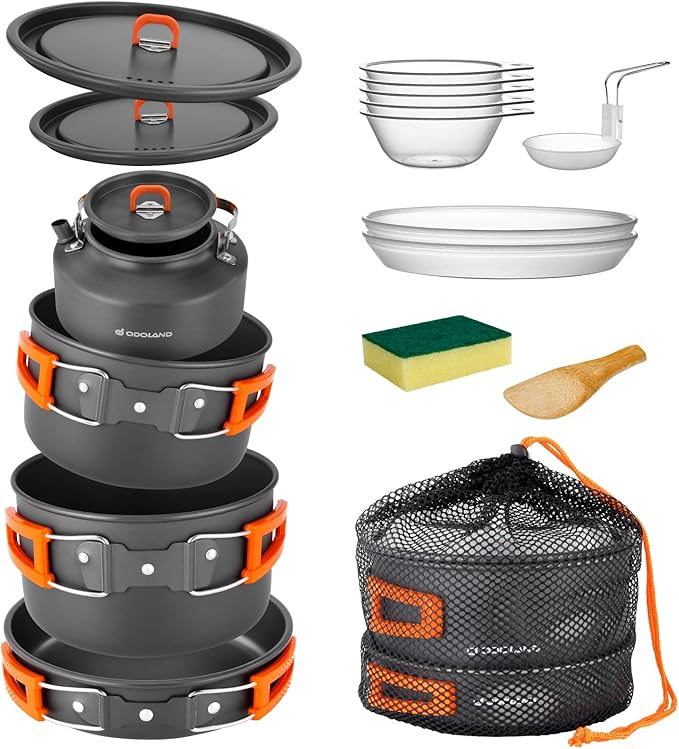 Odoland 15pcs Camping Cookware Non-Stick Lightweight Camping Pots and Pans Set with Kettle Plastic Plates Bowls Soup Spoon for Camping, Backpacking, Outdoor Cooking and Picnic