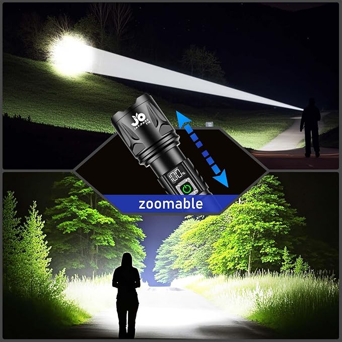 JAY-PARK High Lumen Flashlight - 10000 Lumens, Rechargeable 5000mAh with LCD Display, Zoomable Long Beam (3000m), IP67 Waterproof, 5 Modes & Belt Clip - for Camping, Dog Walking