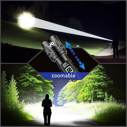 JAY-PARK High Lumen Flashlight - 10000 Lumens, Rechargeable 5000mAh with LCD Display, Zoomable Long Beam (3000m), IP67 Waterproof, 5 Modes & Belt Clip - for Camping, Dog Walking