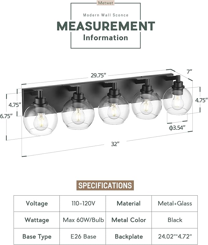METWET Bathroom Light Fixtures, 5 Light Matte Black Vanity Light, 32 Inch