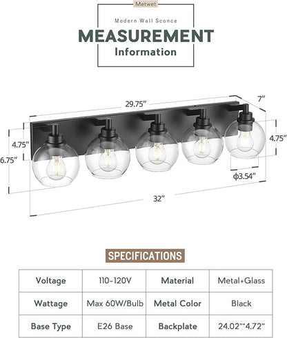 METWET Bathroom Light Fixtures, 5 Light Matte Black Vanity Light, 32 Inch