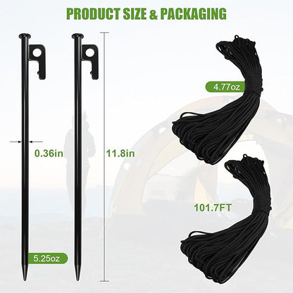 Goldlife Pond Fountain Aerator Fixing Accessories - 2×Metal Ground Stakes with 2×101ft Braided Nylon Rope, Heavy Duty Tent Stake Pegs and Paracord For Camping Tent, Canopies, Carport, Fountain Aerator