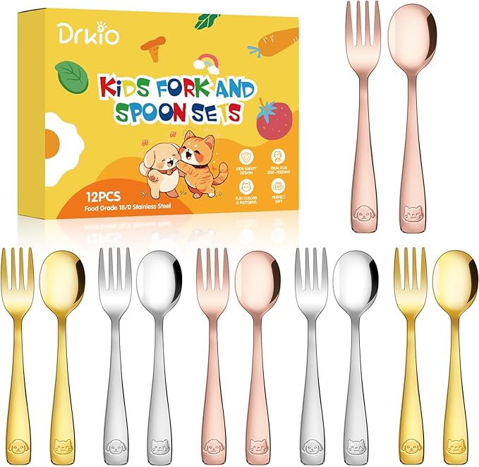DRKIO Stainless Steel Toddler Utensils Set - 12 Pieces Kids Silverware Set Children Safe Food Grade Small Forks and Spoons Dishwasher Safe Mirror Polished