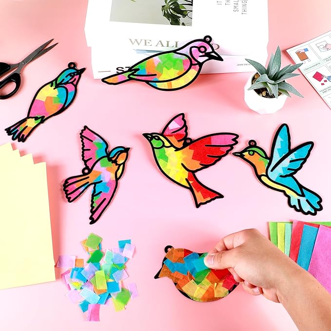 Qyeahkj 36 Set Bird Suncatchers Crafts for Kids DIY Bird Window Tissue Paper Craft Kit Animal Hanging Decor for Summer School Home Activity Art Project Birthday Party Favor Gift
