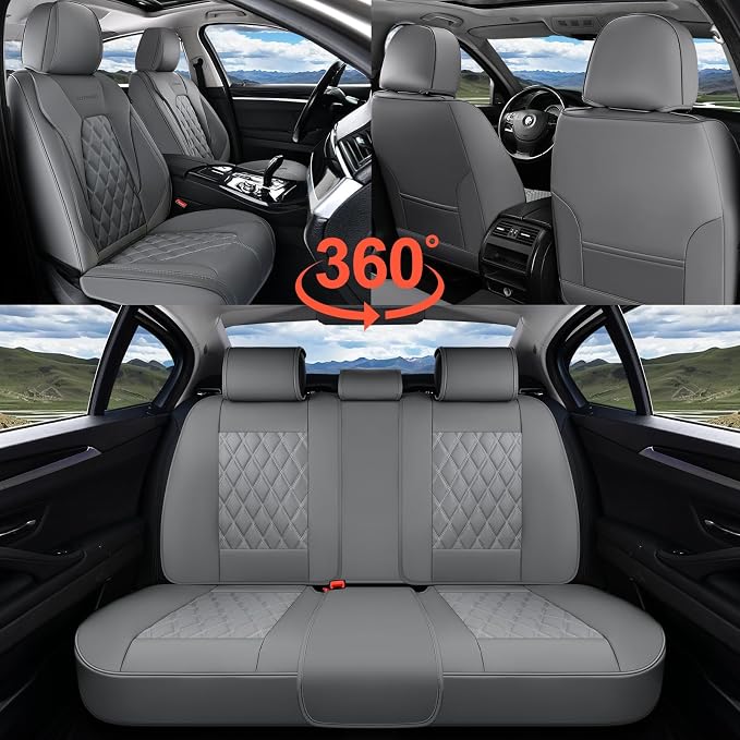 Coverado Car Seat Covers Front Seats and Back, Leather Seat Cover for Cars, Waterproof Seat Covers Full Set Universal Seat Covers Seats Protectors Car Seat Cushion Fit for Most Car - Gray