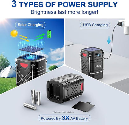 LETMY 4 Pack Camping Lantern, Rechargeable LED Lanterns, Solar Lantern Battery Powered Hurricane Lanterns Flashlight with 3 Powered Ways & USB Cable for Emergency, Power Outage, Hurricane Supplies
