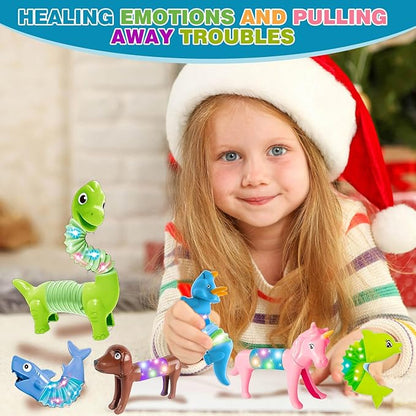 10 Pack Animals Halloween Fidget Toys for Toddlers, LED Animal Pop Tubes for Kids 3 4 5 6 7 8 Year Old Girls Boys Birthday Gifts Autism Sensory Toy for Kid Age 3-8 Tube Light Up Party Favors