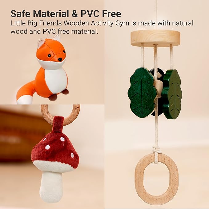 Little Big Friends Wooden Baby Activity Gym – Montessori Play Gym for Babies | Encourages Motor Skills & Sensory Development | Includes Crinkle Fabrics, Wooden Chimes & Hanging Toys – Forest
