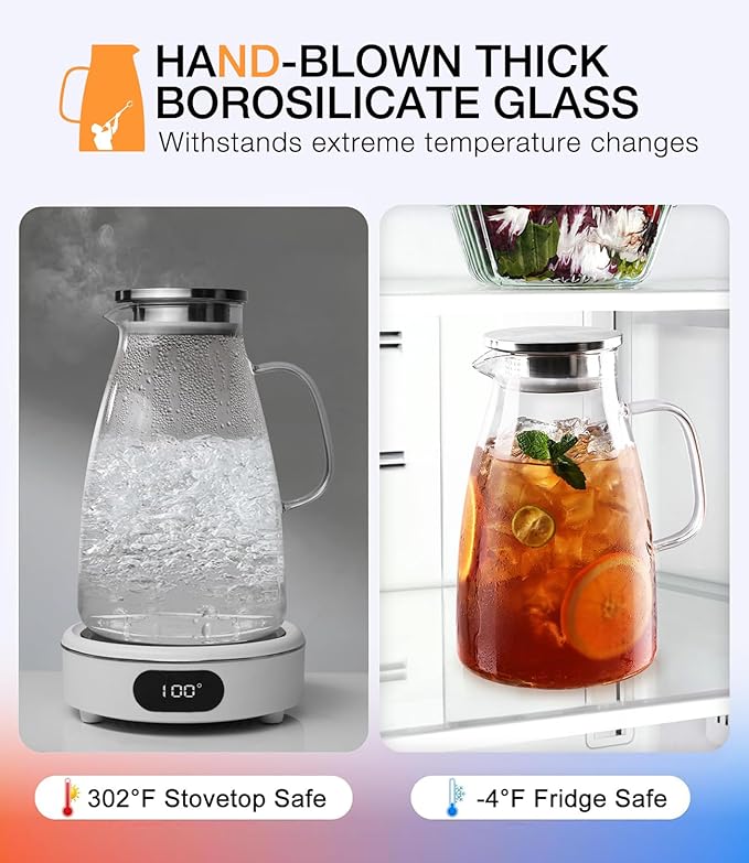 Glass Pitcher with Lid, 1 Gallon 128oz Water Pitcher with Handle and Spout