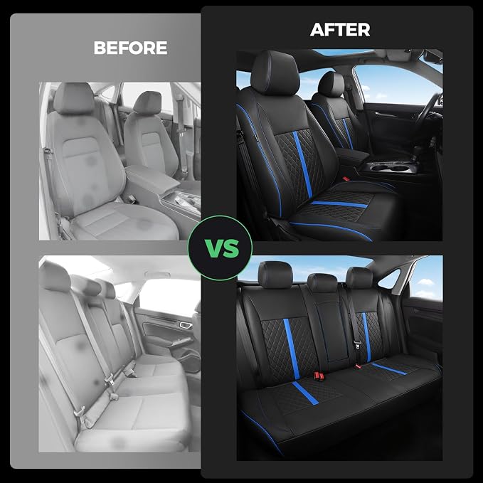for Honda Civic Leather Seat Covers, Sedan EX 2022-2026, Sport 2025 2026, Custom Fit Car Seat Cover Full Set, Waterproof Accessories, Black Blue (60/40 Split Benches-with Rear Armrest)