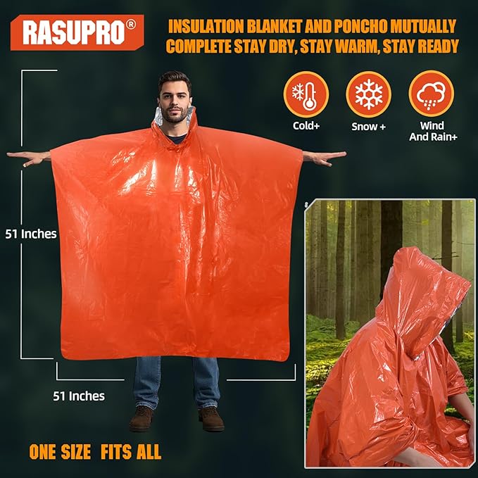 4 Pack Emergency Ponchos with Thickened Mylar Blanket Lining, Windproof, Waterproof, and Thermal Orange Survival Ponchos - Perfect for Outdoor Rescue, Family Camping Gear, Car Emergency Kits