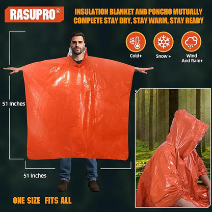 4 Pack Emergency Ponchos with Thickened Mylar Blanket Lining, Windproof, Waterproof, and Thermal Orange Survival Ponchos - Perfect for Outdoor Rescue, Family Camping Gear, Car Emergency Kits
