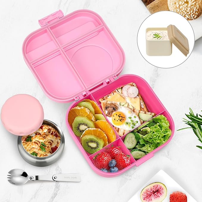 Bento Lunch Box for Kids with 12oz Soup Thermo,4 Compartments Lunch Box Containers Kids, Includes Foldable Spoon &Sauce Jar, BPA Free&Leak proof,Insulated Food Jar for Travel,School (Pink)