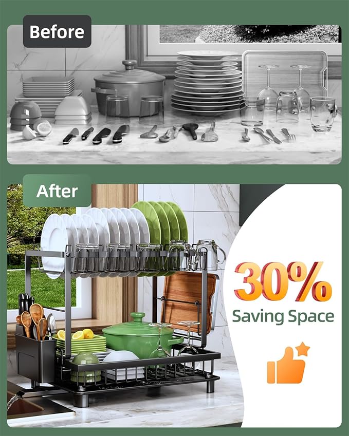 Dish Drying Rack, 2 Tier Space-Saving Dish Rack