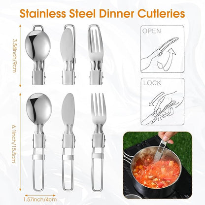 14 Piece Camp Cooking Set, Stainless Steel Camping Cookware with Pot and Pan Kit 2 Set Stainless Steel Cups Plates Forks Knives Spoons for Camping, Backpacking, Outdoor Cooking and Picnic