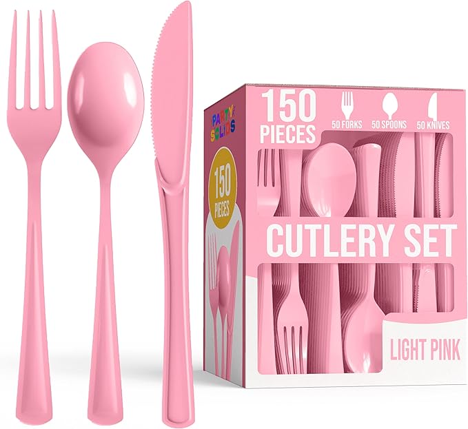 Party Solids Pink Plastic Silverware Heavy Duty 150 Pieces Pink Plastic Cutlery Sets, Utensil Sets, 50 Of Each Forks, Knives & Spoons Disposable Cutlery Set, Flatware Set For Party Supplies