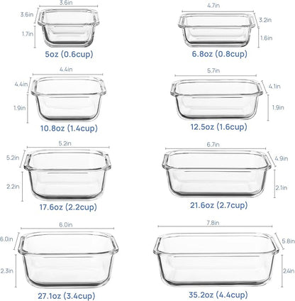 Vtopmart 8 Pack Glass Food Storage Containers with Airtight Lids, Glass Meal Prep Containers, Lunch Office Meal for Microwave, Oven, Freezer and Dishwasher, BPA Free