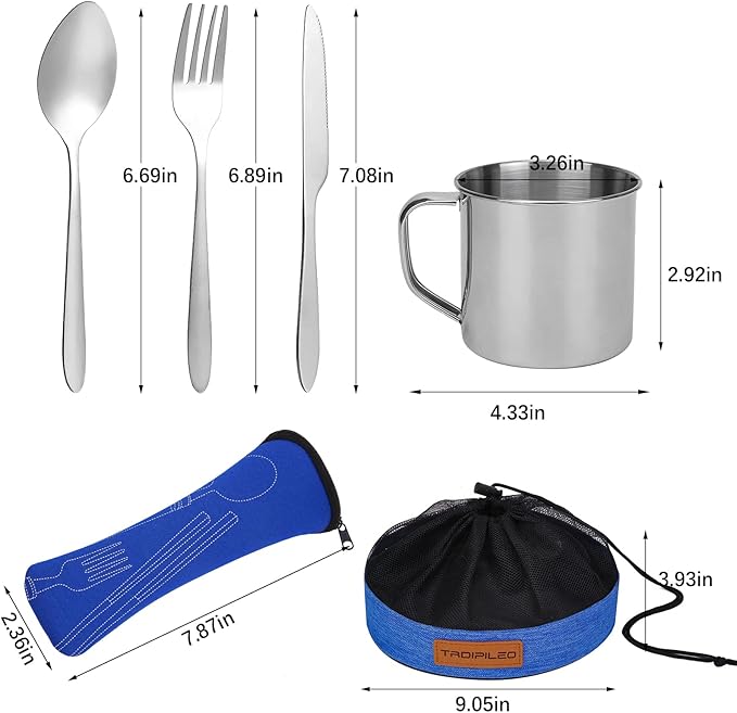 Stainless Steel Camping Cutlery Set - 8 Piece, Includes Spoons, Mugs, Bowls, Plates, Rags & Organizer Straps - Easy to Carry for Backpacking, Camping, Hiking and Picnics