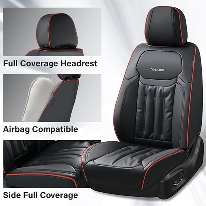 Coverado Car Seat Covers, Full Set Seat Covers for Cars 5 Seats, Car Seat Protector, Waterproof Nappa Leather Car Seat Cushion, Universal Fit for Most Cars, Black&Red Line