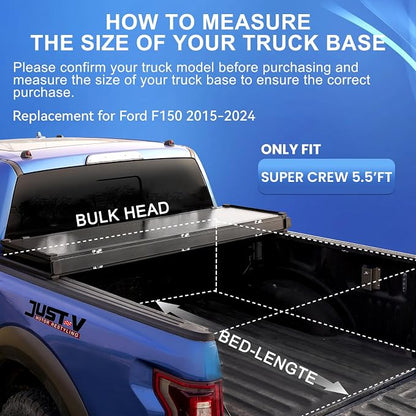 Just-V Hard Tri-Fold Truck Bed Tonneau Cover for Ford F150 2015-2024 Crew Cab Pickup 5.5FT Bed (Excl. Raptor Series), Upgrade Solid FRP Textured Black