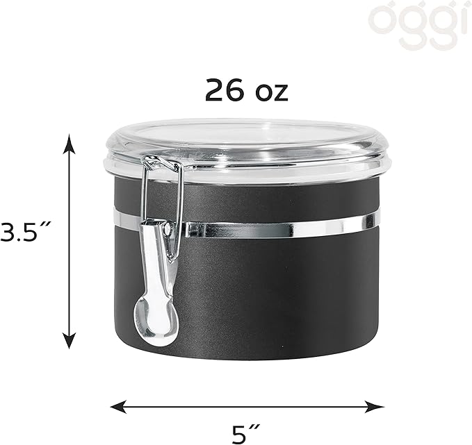 Oggi Stainless Steel Kitchen Canister 26 fl oz, Black - Airtight Clamp Lid, Clear See-Thru Top - Ideal for Kitchen Storage, Food Storage, Pantry Storage. Size 5" x 3.5".