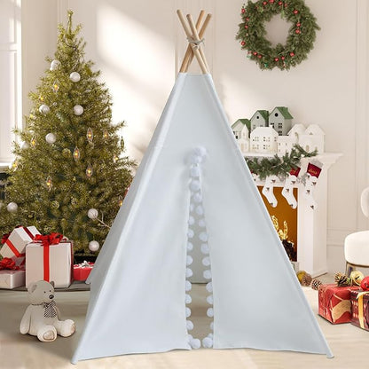 Teepee Tent for Kids with Padded Mat Cotton Canvas Kids Teepee with Pompom for Toddlers Indoor Play Tent for Girls Boys with Stars Lights, Carry Bag, Banner Flag (Snowman)