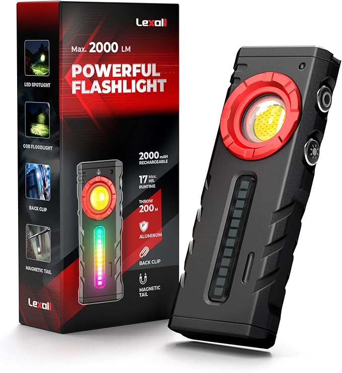 lexall EDC Flashlight, Bright 2000 Lumens Flashlight Rechargeable, 3-in-1 Spotlight/Floodlight/Side RGB Light Pocket Flashlight, Waterproof Magnetic Light with Clip for Camping, Work, Emergency