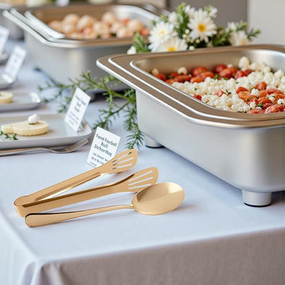 12PCS Stainless Steel Serving Utensils Sets,8 Large Serving Spoons,4 Serving Tongs,Gold Serving Utensills Sets for Buffet Catering Banquet Party (Gold)
