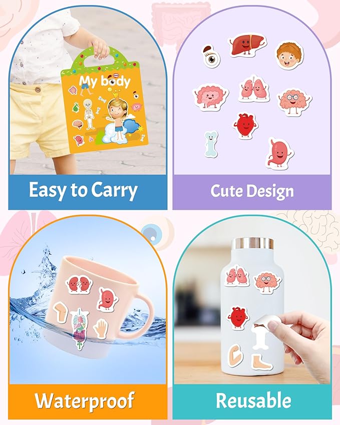 Benresive Reusable Sticker Book for Toddlers 2-4 Years, Fun Travel Stickers for Kids, Waterproof Sticker Books for Toddlers 1-3, Crafts Activities for Todddlers 1-3 2-4 3-5 - My Body