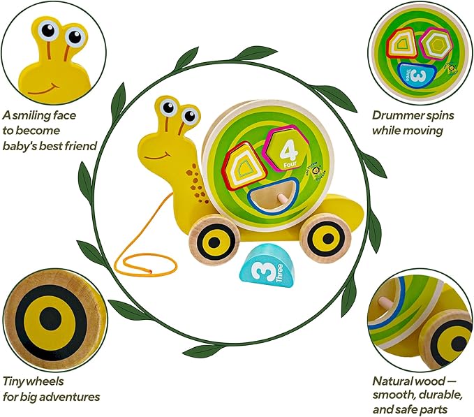 Snaily's Journey – Step by Tiny Step | Wooden 2-in-1 Pull Toy & Removable Shape Sorter Drum | Educational Animal Pull-Along for Toddlers | Fine Motor Skills Development | Gift for Boys & Girls