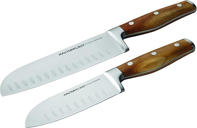 Rachael Ray Cucina Cutlery 2-Piece Japanese Stainless Steel Santoku Knife Set with Acacia Handles - ,Acacia Wood