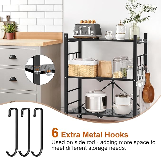 Himix Storage Shelves with 6 Hooks, 3 Tier Foldable Shelf with Wheels, Metal