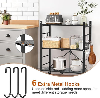 Himix Storage Shelves with 6 Hooks, 3 Tier Foldable Shelf with Wheels, Metal