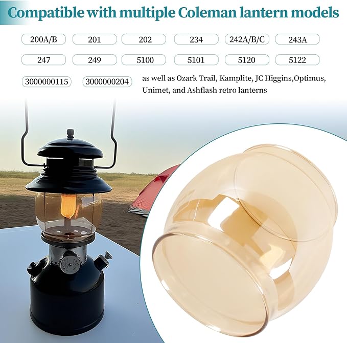 Lantern Glass Globe Replacement, Compatible with Coleman 200A/B &R690B051,Fits Kamplite, JC Higgins, Optimus, Ashflash Vintage Lanterns,Heat-Resistant Clear Bulged Glass for Camping & Emergency Lights