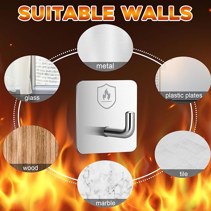 12 Pack Adhesive Wall Hooks for Fire Blankets, Stainless Steel Emergency Fire Blanket Hook Waterproof and Fireproof for Home Bathroom Office Indoor Outdoor Wall Hanging