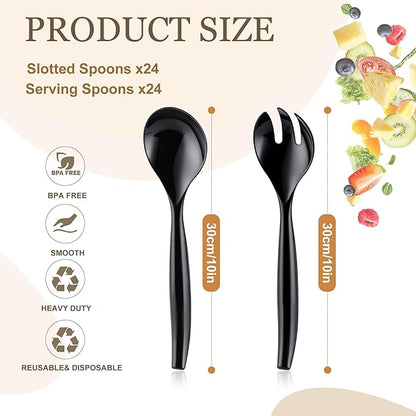 Mwellewm 48 Pcs Serving Spoons 10'' Large Plastic Serving Utensils Set Slotted Disposable Serving Forks Heavy Duty Black Party Supplies for Buffet Restaurant Dinner Salad Noodles Soup