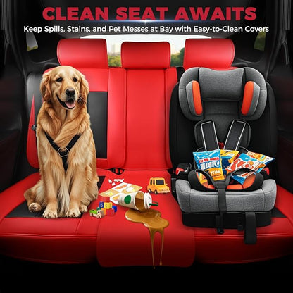 FREESOO Car Seat Covers Full Set, Black Red Waterproof Car Seat Cover, Leather Seat Covers for Trucks, Luxury Car Seat Covers Front Seats and Auto Back, Breathable Car Seat Cushion for Most SUV Cars