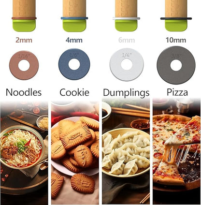 Rolling Pin with Adjustable Thickness Ring and Silicone Baking Mat