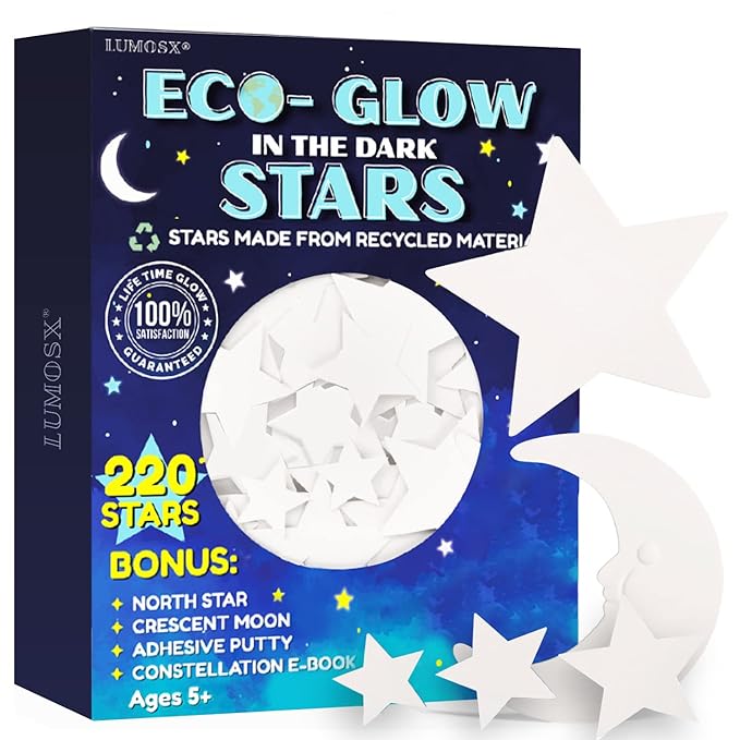 LUMOSX Glow in the Dark Stars for Ceiling – 220pcs Recycled Material Stars with North Star, Moon & Constellation E-Book for Kids' Room Decor