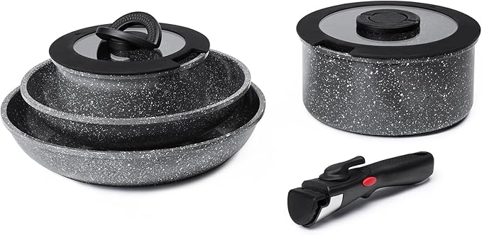 ROSSETTO 7pcs Pots and Pans Set Non Stick from France, Ceramic Cookware Set with Removable Handle, Induction RV Kitchen Cookware Set, Stackable, PFOA and PFAS Free, Oven Safe, Black Granite
