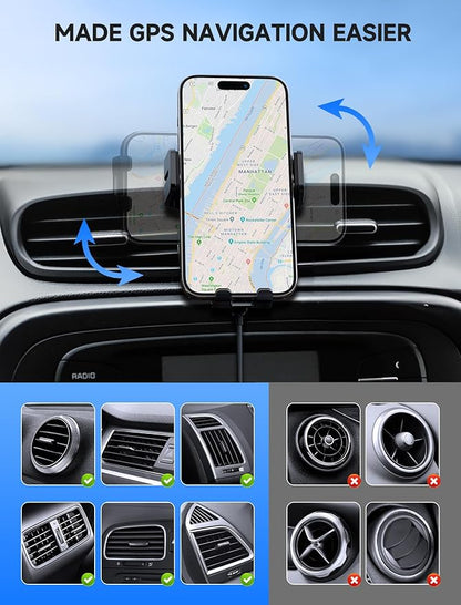 MOKPR Wireless Car Charger, 15W Auto Clamping Car Charger Dash Windshield Air Vent Phone Holder Compatible with iPhone 16 15 14/13/13 Pro/12 pro/12/11/X/8, Samsung S24/S23/S22